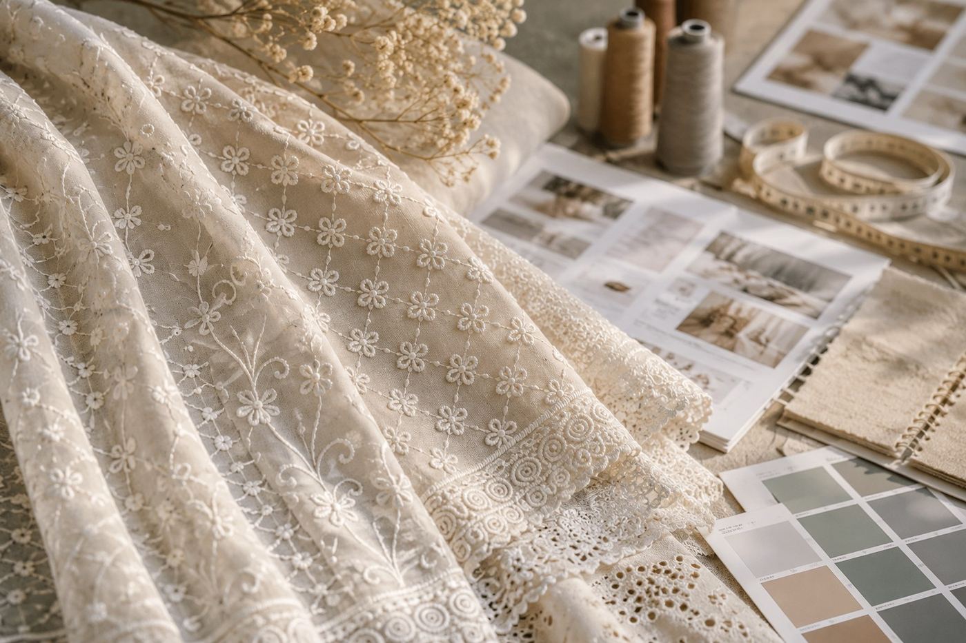Embroidered lace fabric with design swatches and mood board