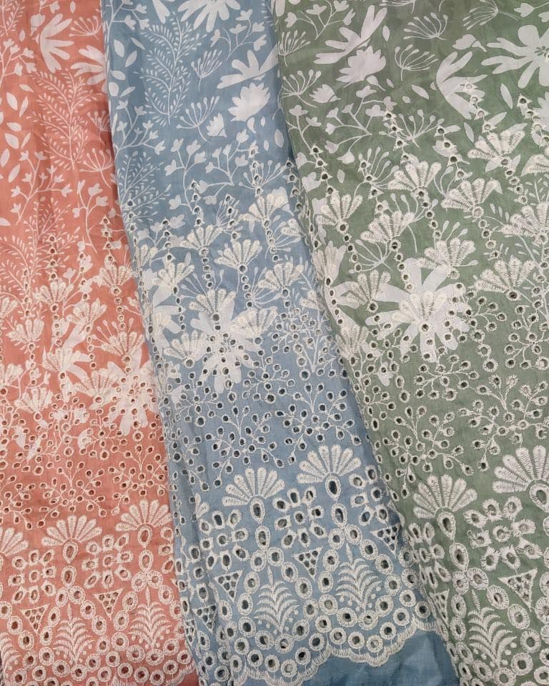 Green chikankari embroidery fabric