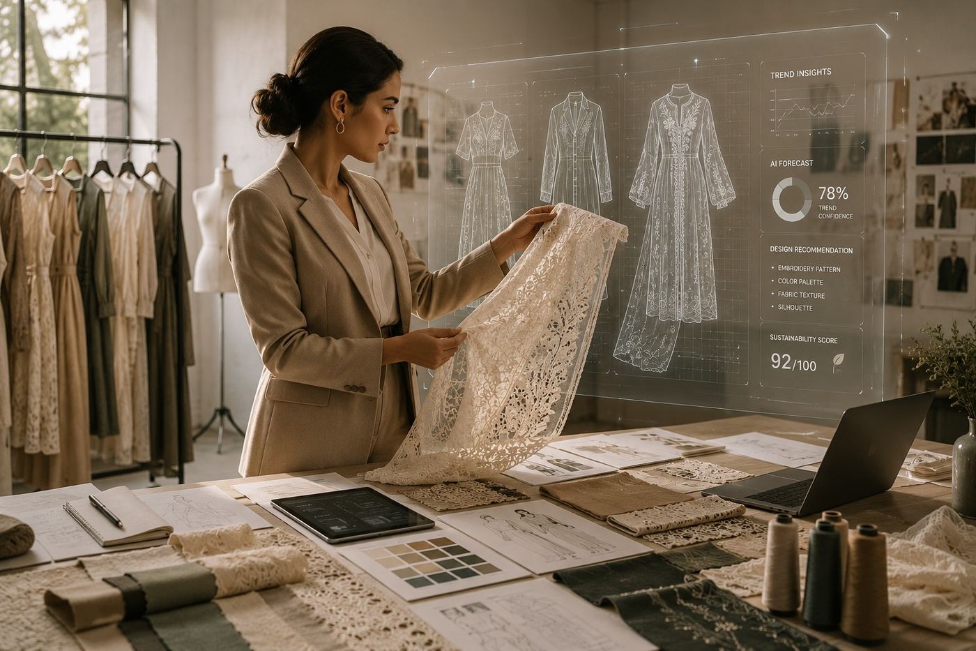 Designer using AI-powered trend forecasting and design tools