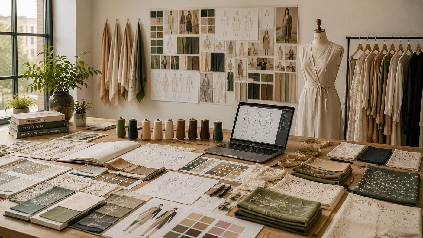 Design studio with fabric swatches, sketches and sample garments